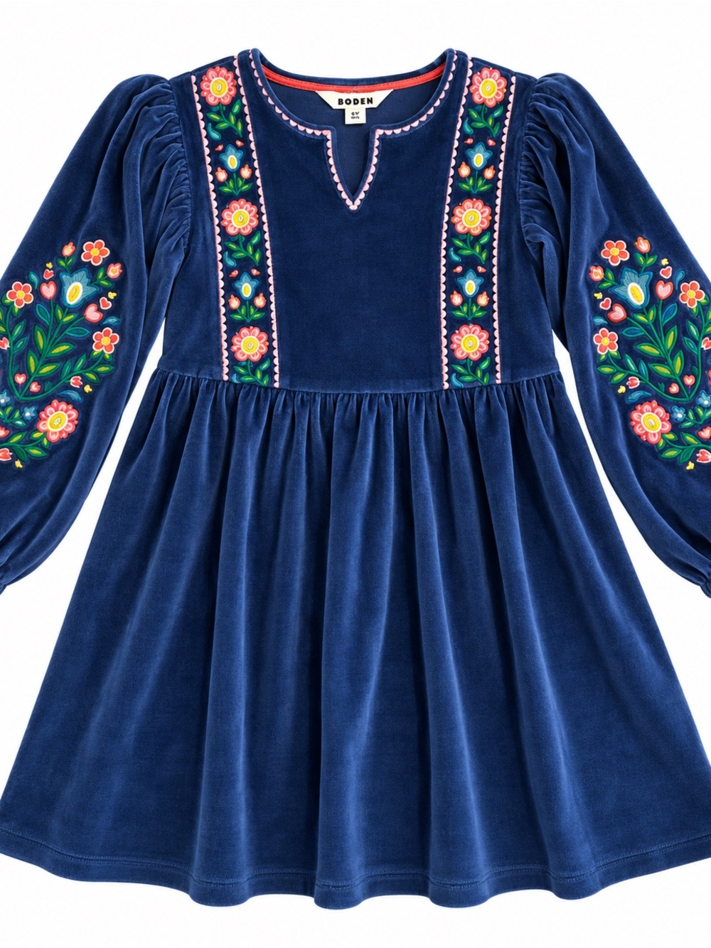 Mini Boden Girls 6-7Y Navy Velvet Embroidered Floral Dress NWOT So Soft